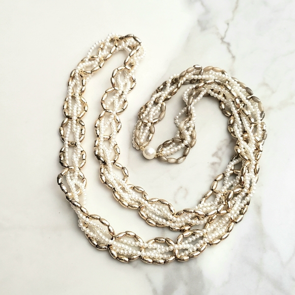 pearl and mixed bead neckl Jewelry - Gold and White Pearl and Mixed Bead Long Necklace 14"